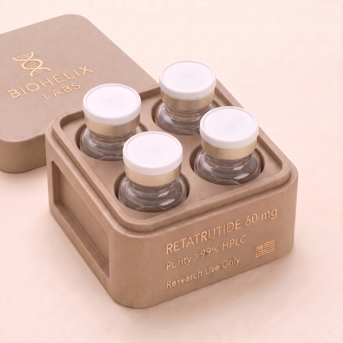 BioHelix Labs magnetic box with four peptide vials seated inside